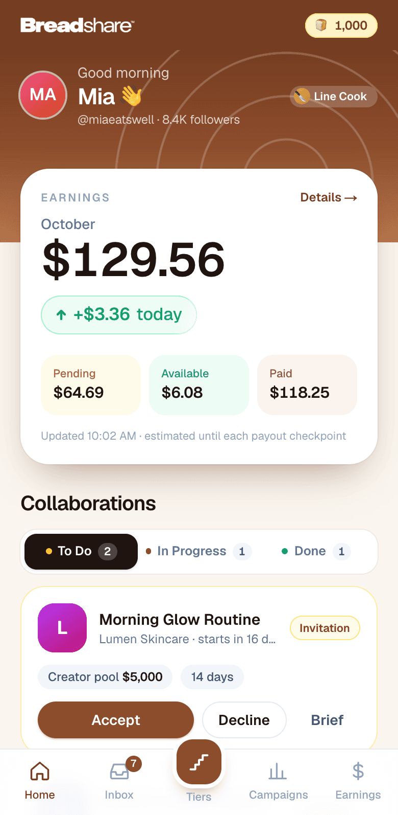 The Breadshare app: this month's earnings, today's increase and your collaborations
